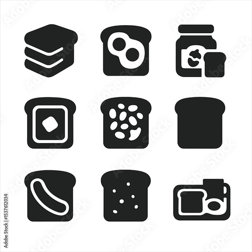 Breakfast Toast Icons. Solid, filled icons set of toasted breakfast meals: toast stack, eggs and toast, jam