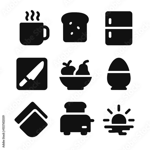 Kitchen Routine Icons. Solid, filled icons set of kitchen morning routine: steaming mug, sliced toast, fridge