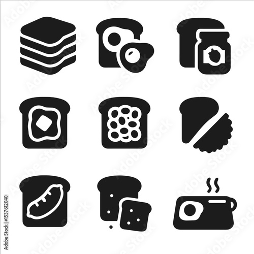Breakfast Toast Icons. Solid, filled icons set of toasted breakfast meals: toast stack, eggs and toast, jam