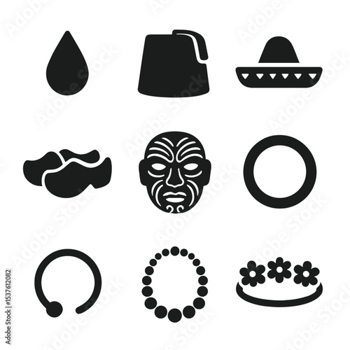 Cultural Fashion Icons. Solid, filled icons set of cultural fashion accessories: bindi, fez, sombrero, wooden