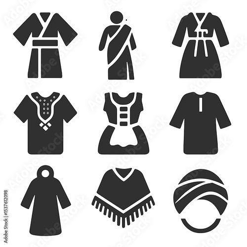 Traditional Fashion Icons. Solid, filled icons set of traditional fashion elements: kimono, sari, hanbok,