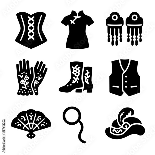 Historical Fashion Icons. Solid, filled icons set of historical fashion fusion: corset, cheongsam, epaulets,