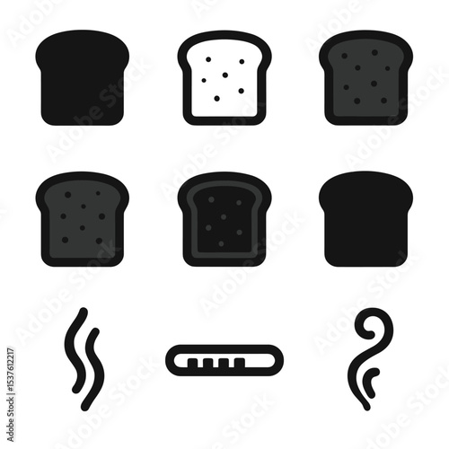 Toast Cooking Icons. Solid, filled icons set of toast cooking stages: raw slice, light toast, medium toast,