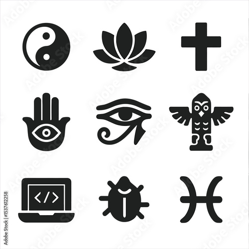 Fashion and Coding Icons. Solid, filled icons set of fashion symbolism by culture: yin yang, lotus, cross,