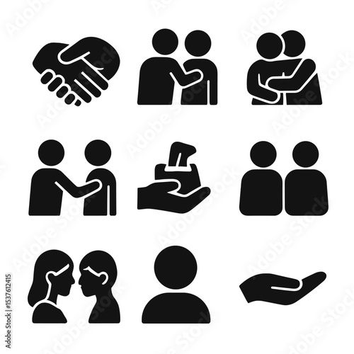 Emotional Support Gestures. Solid, filled icons set of emotional support gestures: hand hold, shoulder pat,