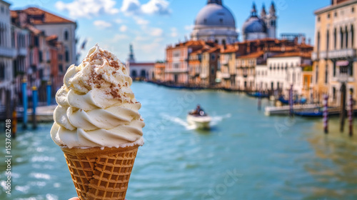 Delightful ice cream cone enjoyed in Venice with canals and historic buildings in view. 