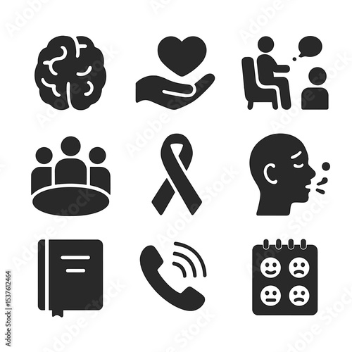 Mental Health Icon Set. Solid, filled icons set of mental health awareness: brain icon, heart-care, therapy