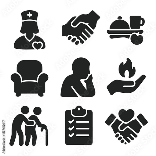 Caregiving Icon Set. Solid, filled icons set of compassion in caregiving: nurse heart, hand grasp, meal tray,