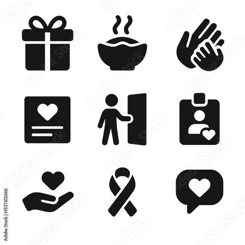 Acts of Kindness Icons. Solid, filled icons set of acts of kindness: gift box, warm meal, helping hand, kind