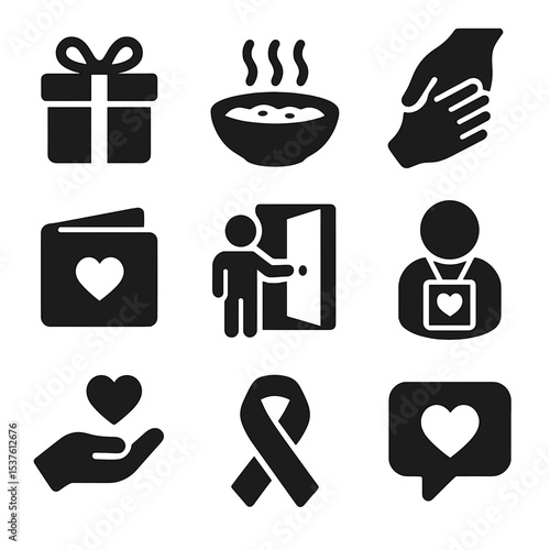 Acts of Kindness Icons. Solid, filled icons set of acts of kindness: gift box, warm meal, helping hand, kind