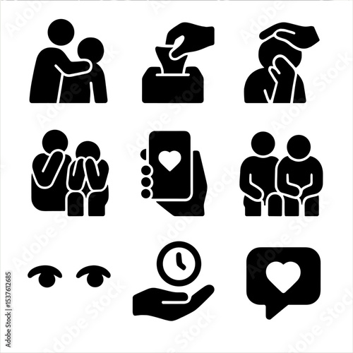 Support Icons Set. Solid, filled icons set of supporting someone through sadness: hand on back, tissue pass,