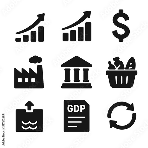 Economic Growth Icons. Solid, filled icons set of GDP and economic growth: rising graph, bar chart, dollar