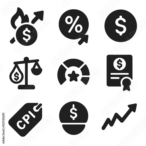 Financial Indicators Icons. Solid, filled icons set of financial indicators: inflation rate, interest