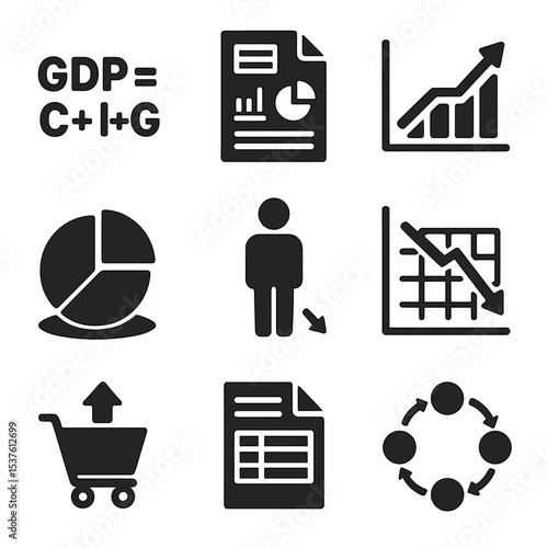 Macroeconomic Icons Set. Solid, filled icons set of macroeconomic analysis: GDP formula, economic report,