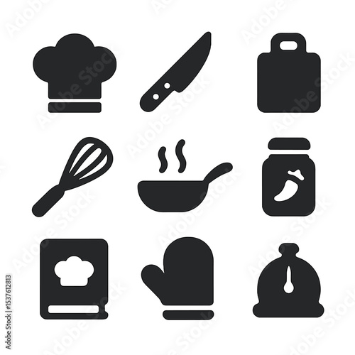Culinary Icons Grid. Solid, filled icons set of cooking sections and culinary skills development: chef hat,