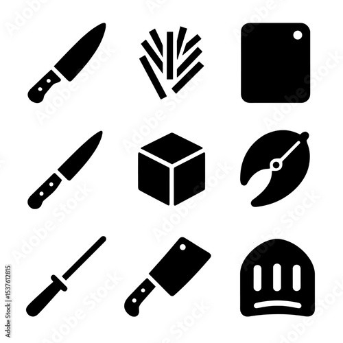 Knife Skills Icons. Solid, filled icons set of knife skills training: chef’s knife, julienne cuts, chopping
