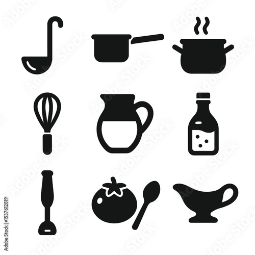 Sauce Making Icons. Solid, filled icons set of sauce making techniques: ladle, saucepan, reduction steam,