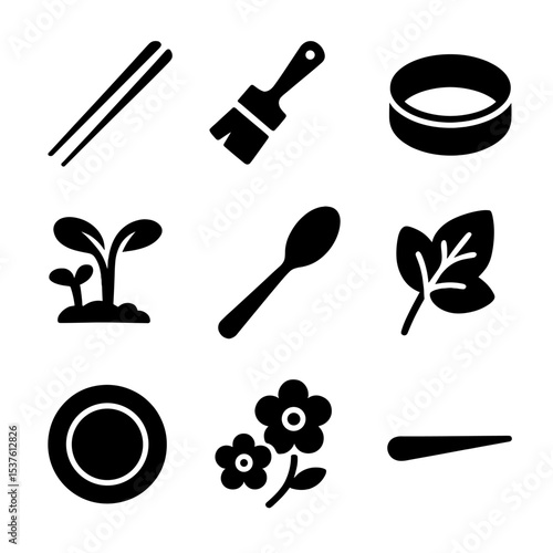 Food Plating Icons. Solid, filled icons set of food plating and presentation: tweezers, sauce brush, plating