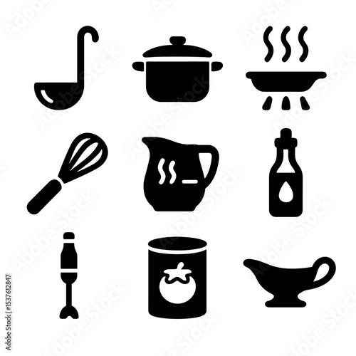 Sauce Making Icons. Solid, filled icons set of sauce making techniques: ladle, saucepan, reduction steam,