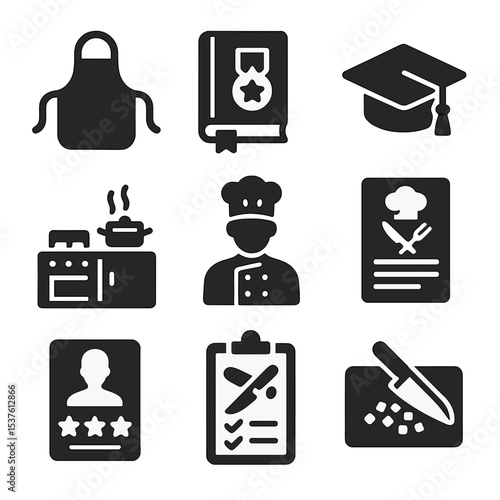 Culinary School Tools Icons. Solid, filled icons set of culinary school tools: apron, training manual, skill