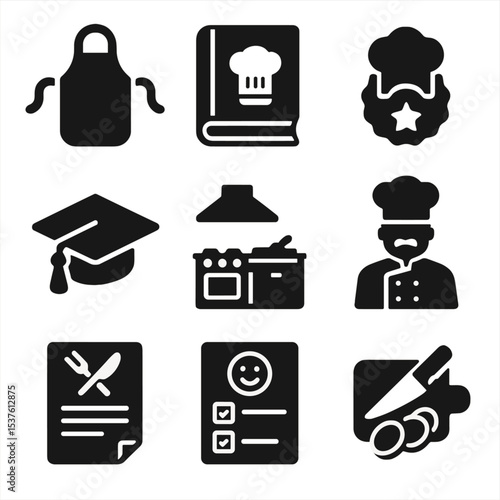 Culinary School Tools Icons. Solid, filled icons set of culinary school tools: apron, training manual, skill
