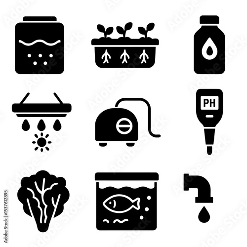 Hydroponic Garden Icons. Solid, filled icons set of hydroponic and aquaponic gardening: water tank, grow tray,