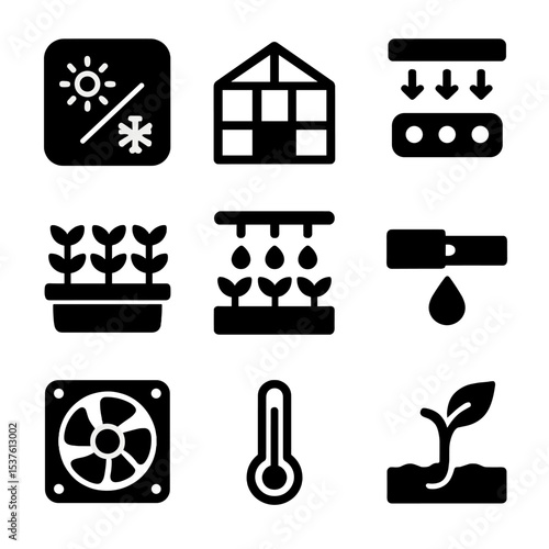 Hydroponics Icons Set. Solid, filled icons set of greenhouse hydroponics setup: climate control, glass