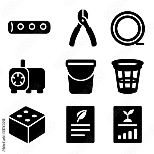 DIY Hydroponics Icon Set. Solid, filled icons set of DIY hydroponics kits: PVC pipe, cutting tool, air tubing,