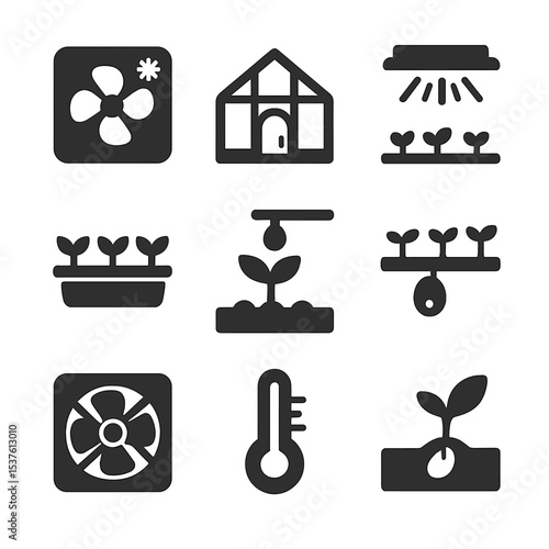 Hydroponics Icons Set. Solid, filled icons set of greenhouse hydroponics setup: climate control, glass