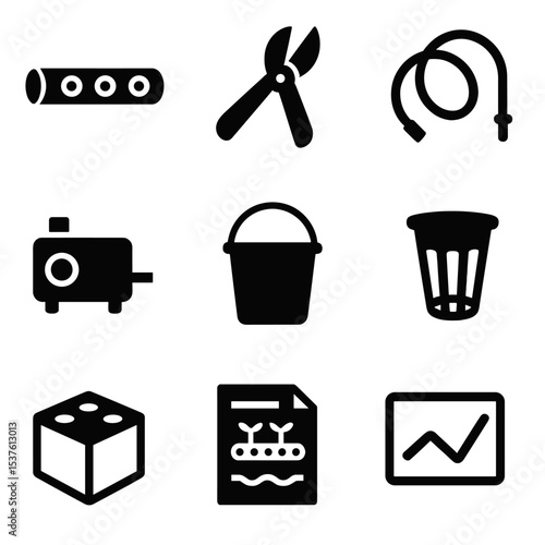 DIY Hydroponics Icon Set. Solid, filled icons set of DIY hydroponics kits: PVC pipe, cutting tool, air tubing,
