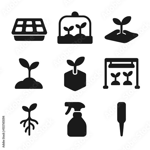 Seedling Tools Icons. Solid, filled icons set of seedling and propagation tools: seed tray, humidity dome,
