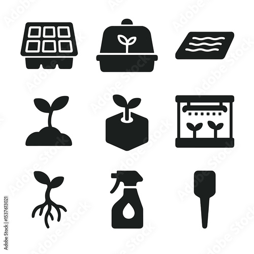 Seedling Tools Icons. Solid, filled icons set of seedling and propagation tools: seed tray, humidity dome,
