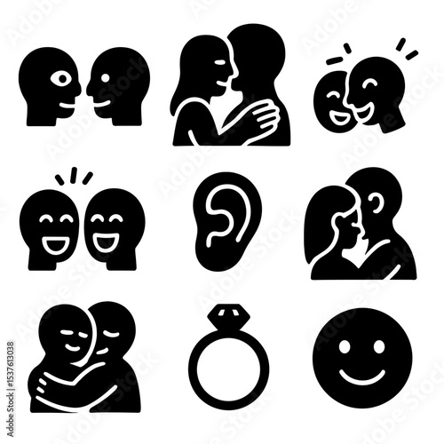 Emotional Connection Icons. Solid, filled icons set of emotional connection in relationships: eye contact,