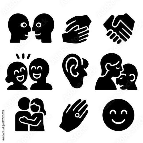 Emotional Connection Icons. Solid, filled icons set of emotional connection in relationships: eye contact,