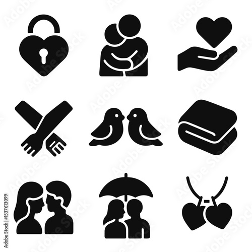Love Symbols Icons. Solid, filled icons set of love and intimacy symbols: heart lock, cuddle pose, holding