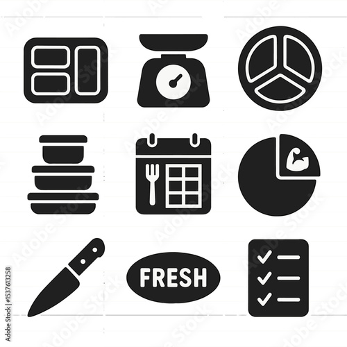 Meal Prep Icons. Solid, filled icons set of meal prep and portion control: lunchbox, food scale, portion