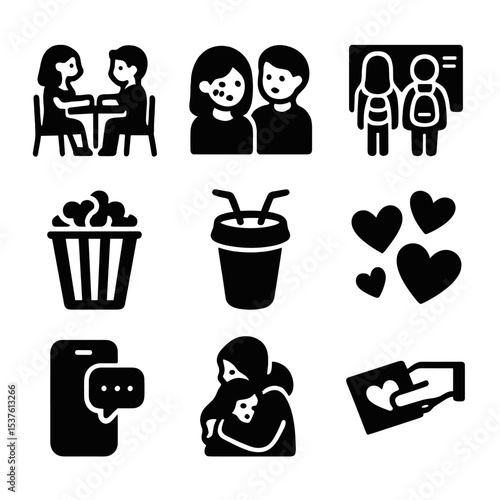 Young Love Icons. Solid, filled icons set of young love and dating: first date, shy glance, school hallway