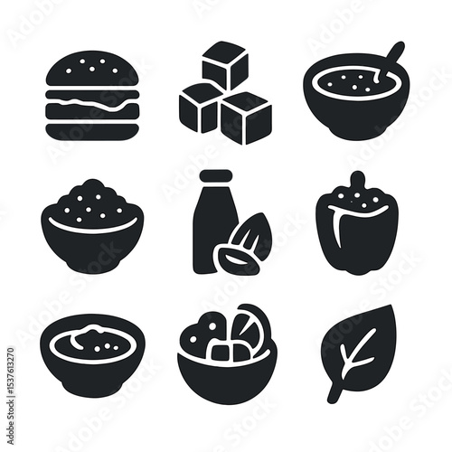 Vegan Meal Icons. Solid, filled icons set of vegetarian and vegan meals: veggie burger, tofu cubes, lentil