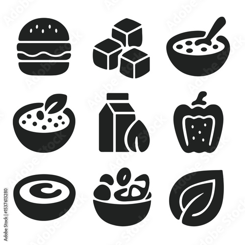 Vegan Meal Icons. Solid, filled icons set of vegetarian and vegan meals: veggie burger, tofu cubes, lentil