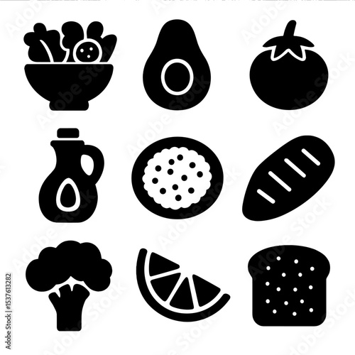 Healthy Meal Icons. Solid, filled icons set of healthy meals and fresh ingredients: salad bowl, avocado,