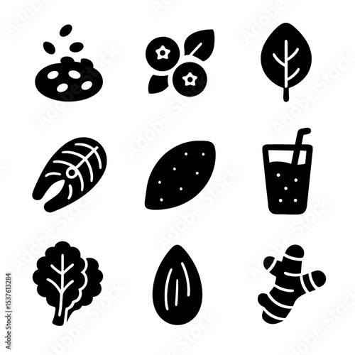 Superfood Icons Grid. Solid, filled icons set of superfoods and nutrient-rich items: chia seeds, blueberries,