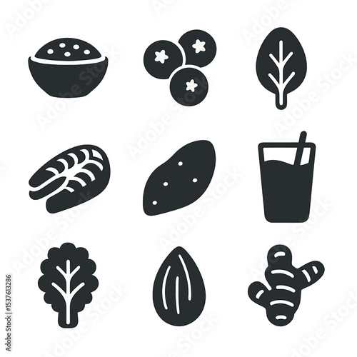 Superfood Icons Grid. Solid, filled icons set of superfoods and nutrient-rich items: chia seeds, blueberries,