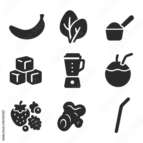Smoothie Ingredients Icons. Solid, filled icons set of smoothie and juice ingredients: banana, spinach,