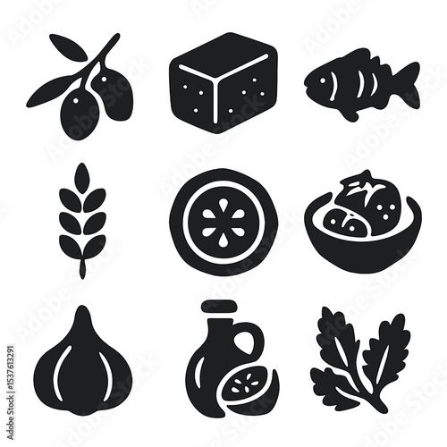 Mediterranean Diet Icons. Solid, filled icons set of Mediterranean diet foods: olive branch, feta cheese,