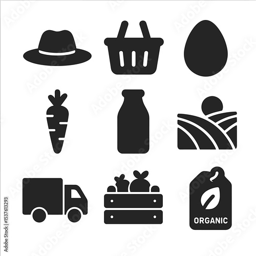Farm-to-Table Icons. Solid, filled icons set of farm-to-table food: farmer hat, market basket, fresh egg,