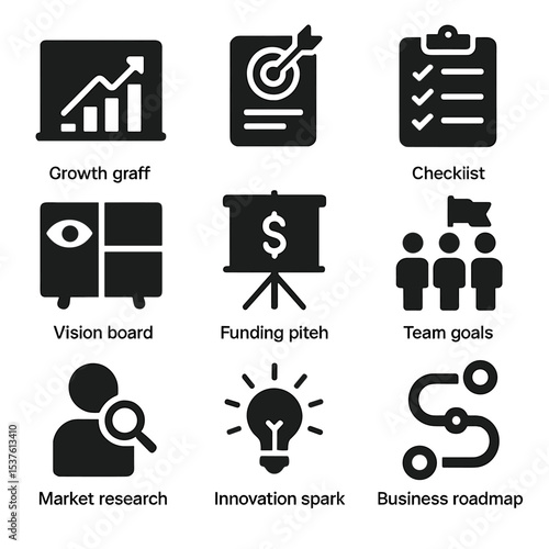 Startup Strategy Icons. Solid, filled icons set of startup planning and strategy: growth graph, mission