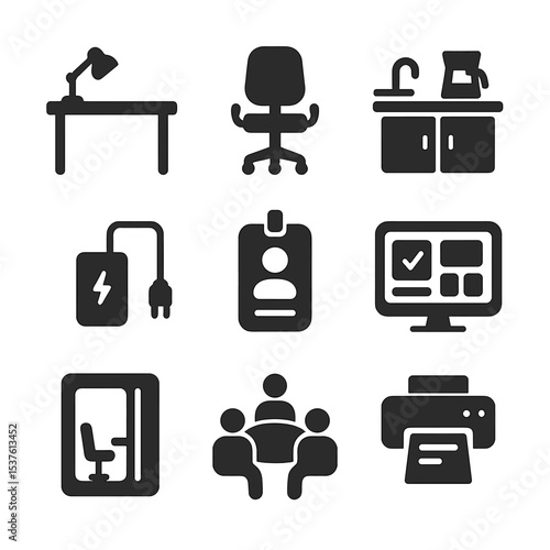 Coworking Office Icons. Solid, filled icons set of coworking office elements: open desk, modern chair,