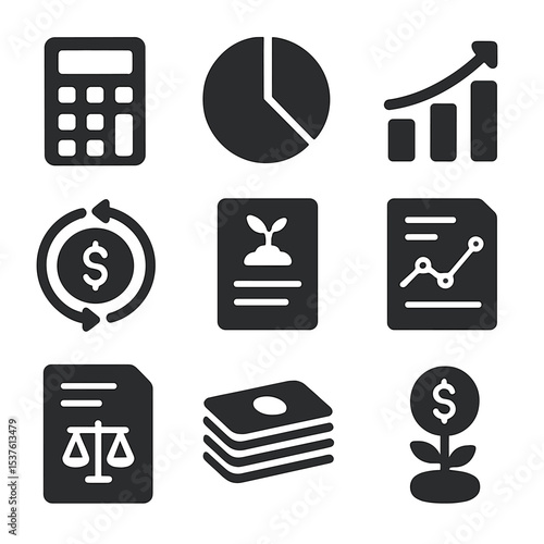 Financial Planning Icons. Solid, filled icons set of financial planning and investment: calculator, pie chart,