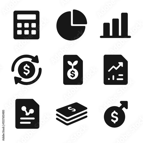 Financial Planning Icons. Solid, filled icons set of financial planning and investment: calculator, pie chart,