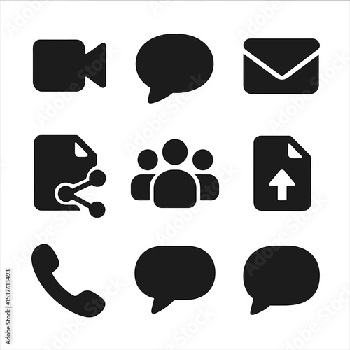 Corporate Communication Icons. Solid, filled icons set of corporate communication tools: video call, chat